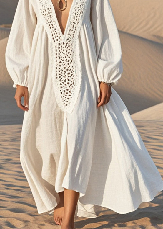 Crochet Trim V-Neck Balloon Sleeve Maxi Dress 4