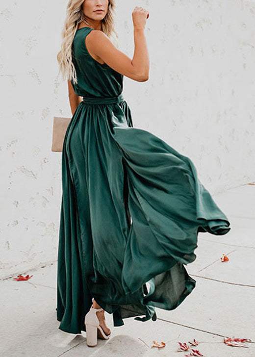 Sleeveless Wrap V-Neck Tie Waist High Slit Maxi Gown 3