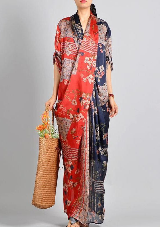 Deep V Neck Patchwork Floral Wrap Front Draped Kimono Sleeve Maxi Dress