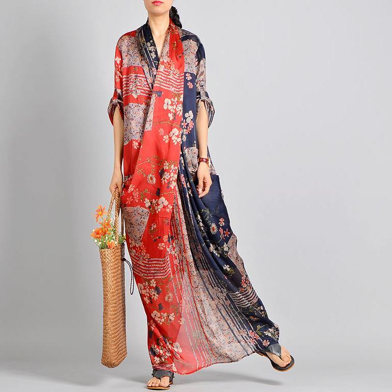 Deep V Neck Patchwork Floral Wrap Front Draped Kimono Sleeve Maxi Dress 2