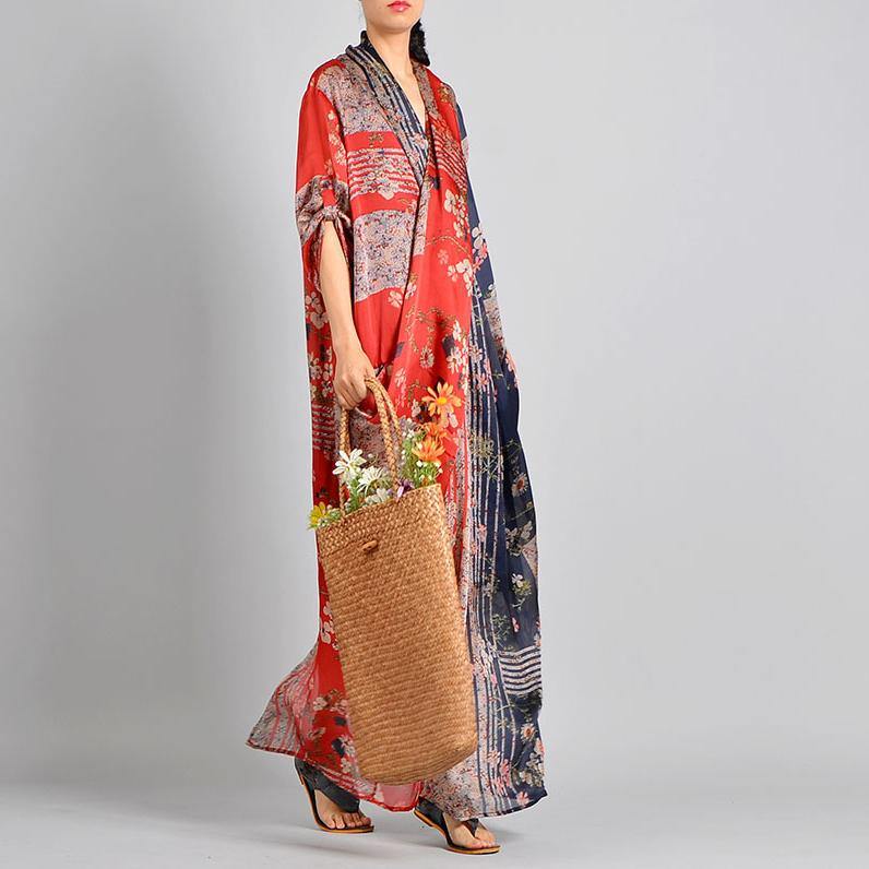 Deep V Neck Patchwork Floral Wrap Front Draped Kimono Sleeve Maxi Dress 3
