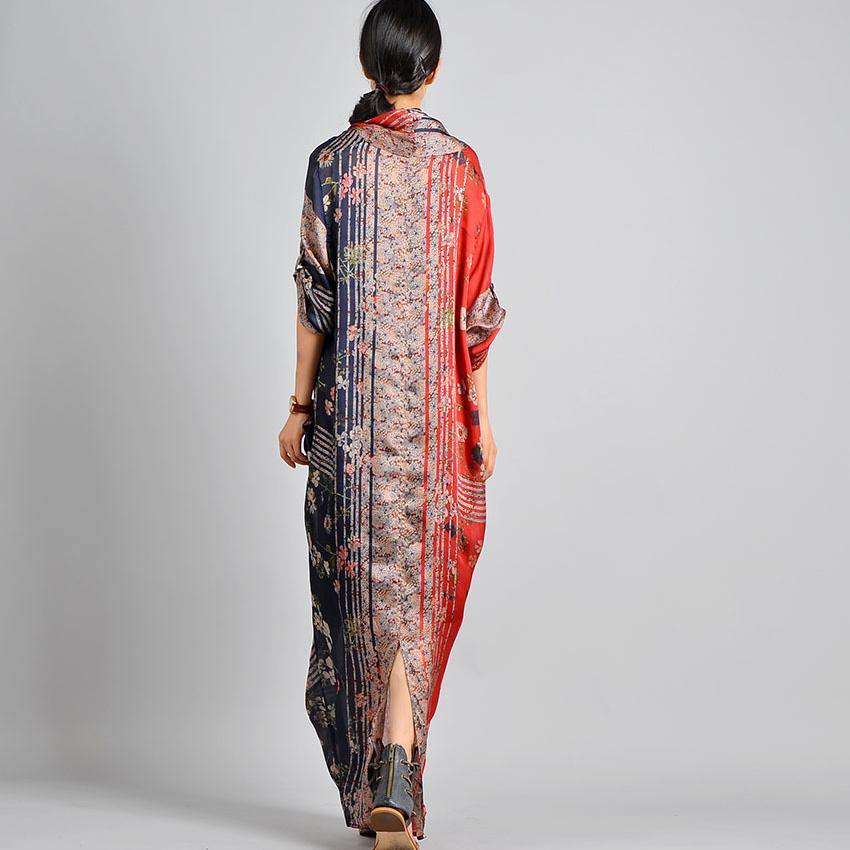Deep V Neck Patchwork Floral Wrap Front Draped Kimono Sleeve Maxi Dress 4