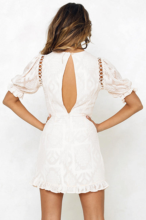 Round Neck Puff Sleeve Ladder Stitch Embroidered Mini Dress 5