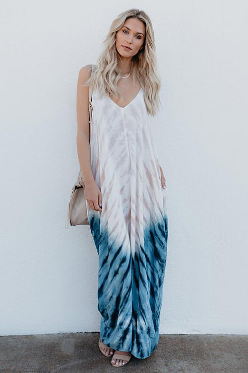 Spaghetti Strap Tie Dye V-Neck Pocket Maxi Dress