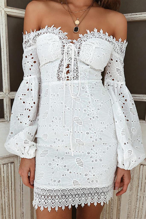 Off Shoulder Floral Eyelet Lace Up Balloon Sleeve Scalloped Mini Dress