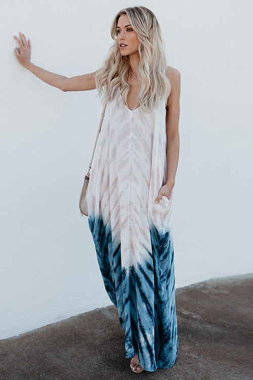 Spaghetti Strap Tie Dye V-Neck Pocket Maxi Dress 3