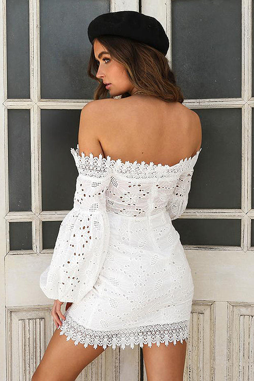 Off Shoulder Floral Eyelet Lace Up Balloon Sleeve Scalloped Mini Dress 5