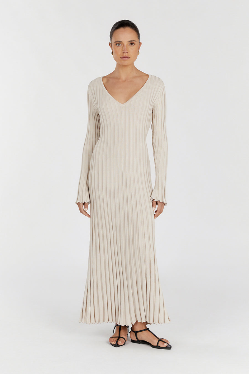 Rib Knit Deep V-Neck Long Sleeve Lettuce Hem Column Maxi Dress 10