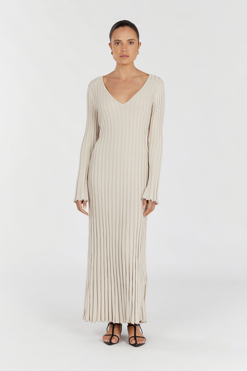 Rib Knit Deep V-Neck Long Sleeve Lettuce Hem Column Maxi Dress 11