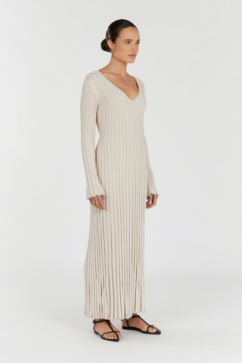 Rib Knit Deep V-Neck Long Sleeve Lettuce Hem Column Maxi Dress 12