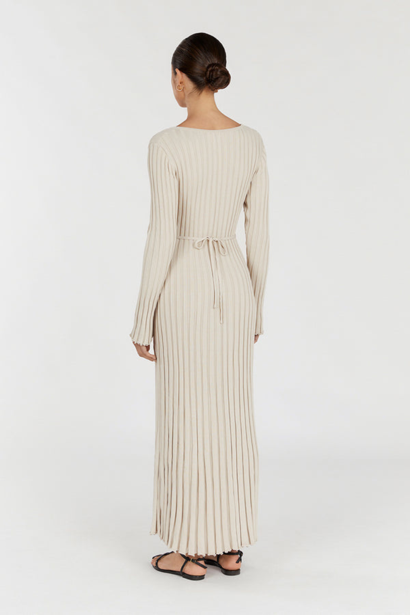 Rib Knit Deep V-Neck Long Sleeve Lettuce Hem Column Maxi Dress 13