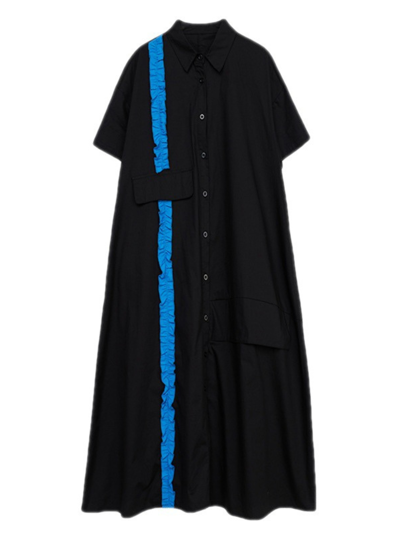 Collared Button Front Ruffle Trim Pocket Shirt Midi Dress 3
