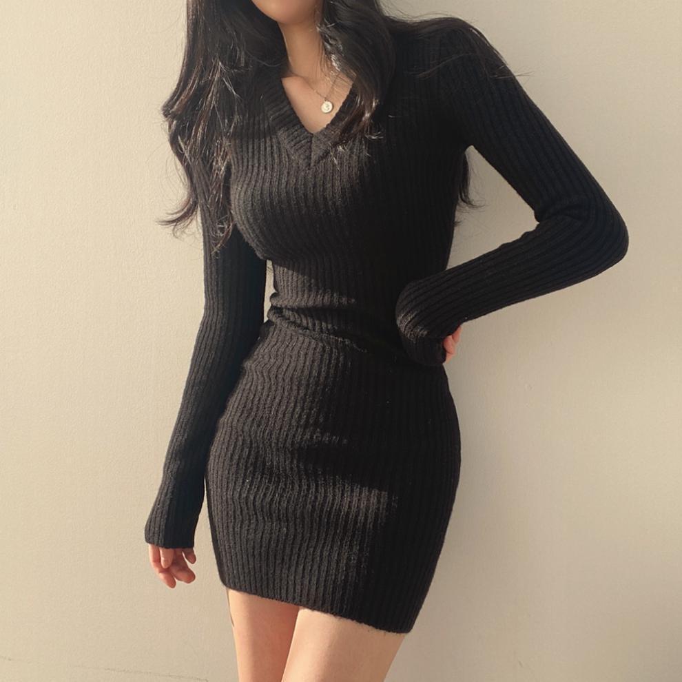 Ribbed Knit Deep V-Neck Long Sleeve Bodycon Mini Dress 7