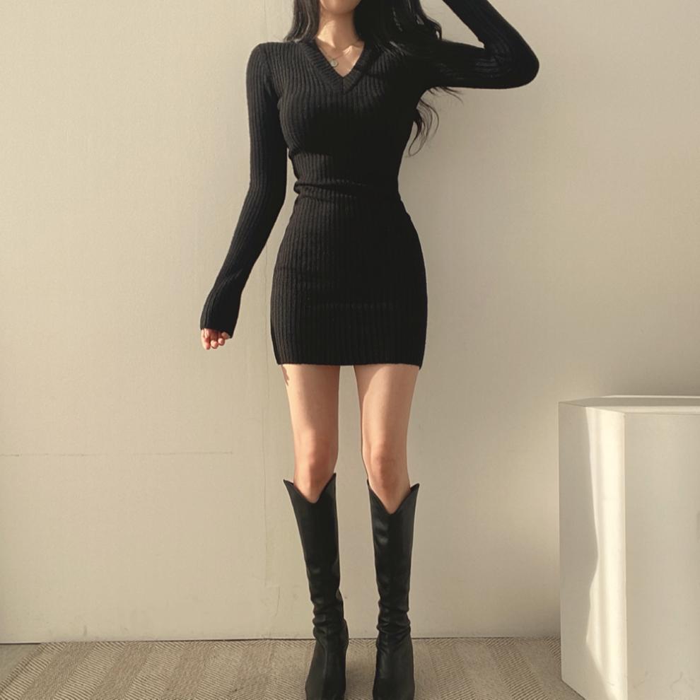 Ribbed Knit Deep V-Neck Long Sleeve Bodycon Mini Dress 9