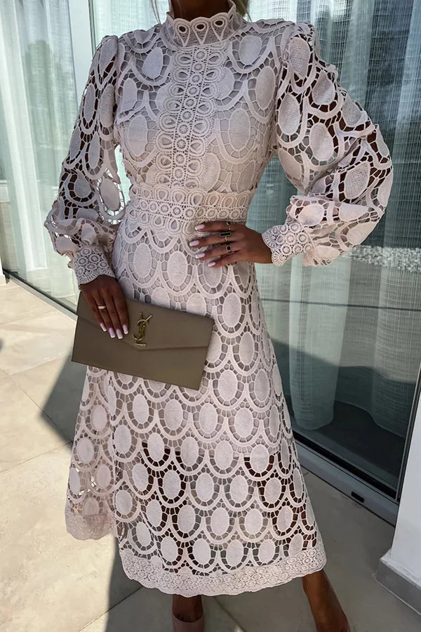 Guipure Lace Mock Neck Bishop Sleeve Paneled Belt Midi Dress