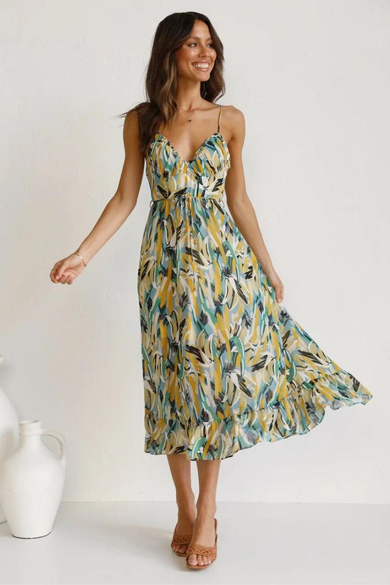 Abstract Brushstroke Print Spaghetti Strap Ruffle Hem Midi Dress