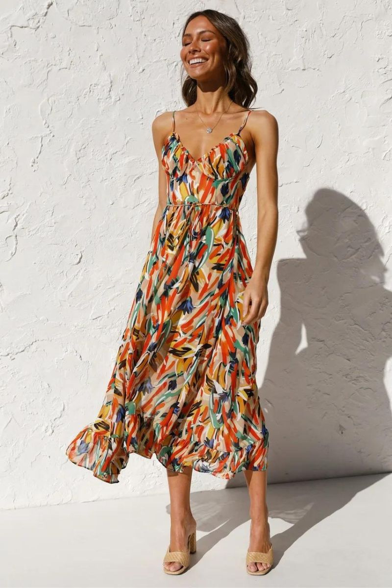 Abstract Brushstroke Print Spaghetti Strap Ruffle Hem Midi Dress 3