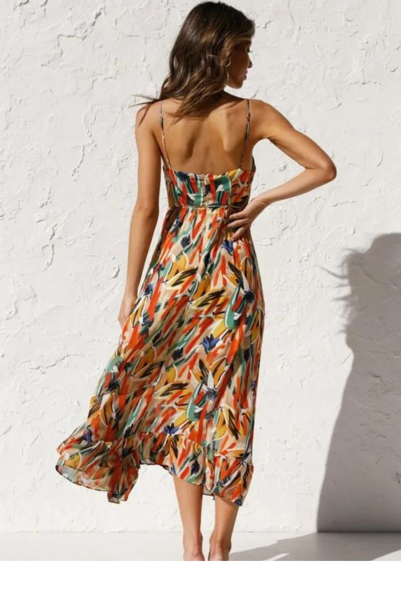 Abstract Brushstroke Print Spaghetti Strap Ruffle Hem Midi Dress 4