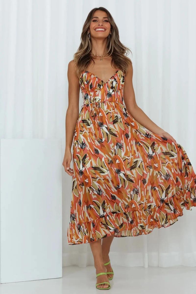 Abstract Brushstroke Print Spaghetti Strap Ruffle Hem Midi Dress 2