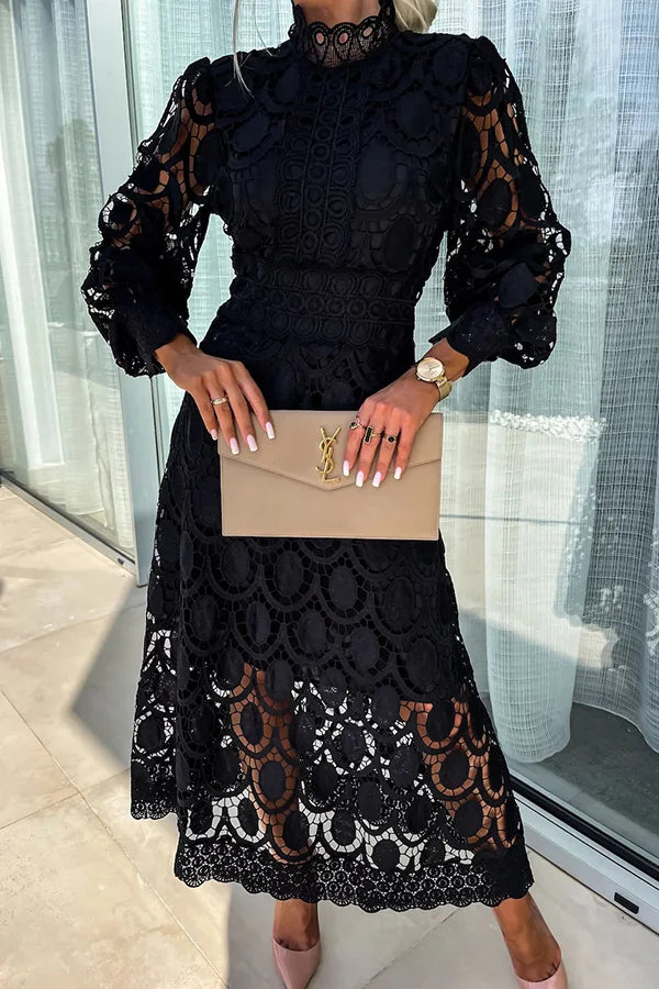 Guipure Lace Mock Neck Bishop Sleeve Paneled Belt Midi Dress 2