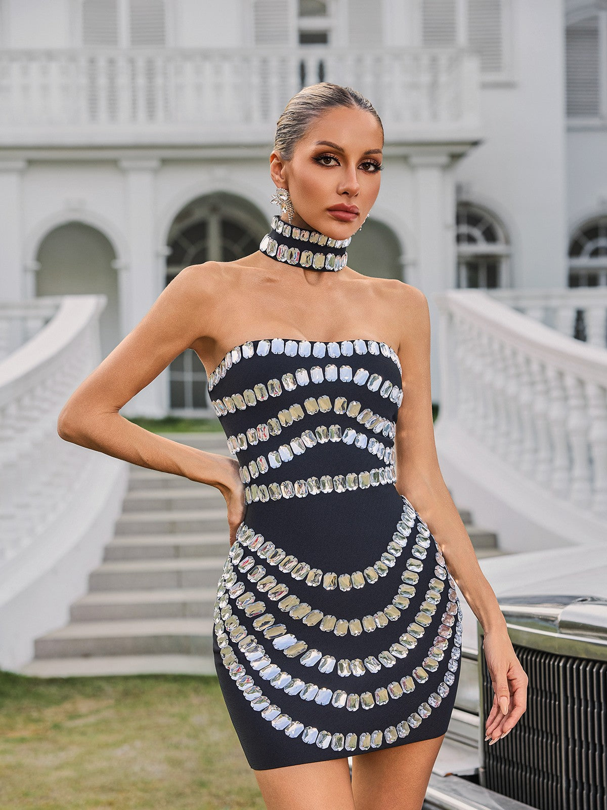 Strapless Crystal Grid Bandage Mini Dress with Choker 4