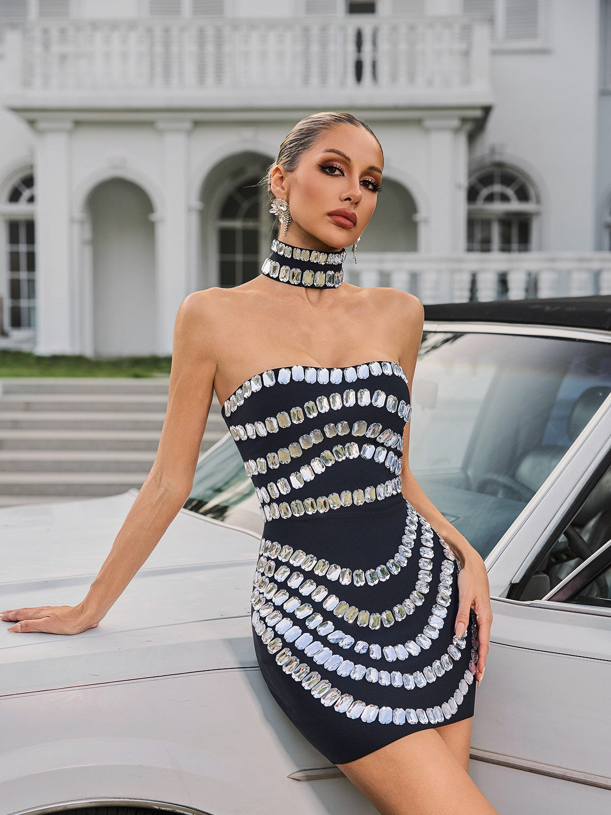 Strapless Crystal Grid Bandage Mini Dress with Choker 5