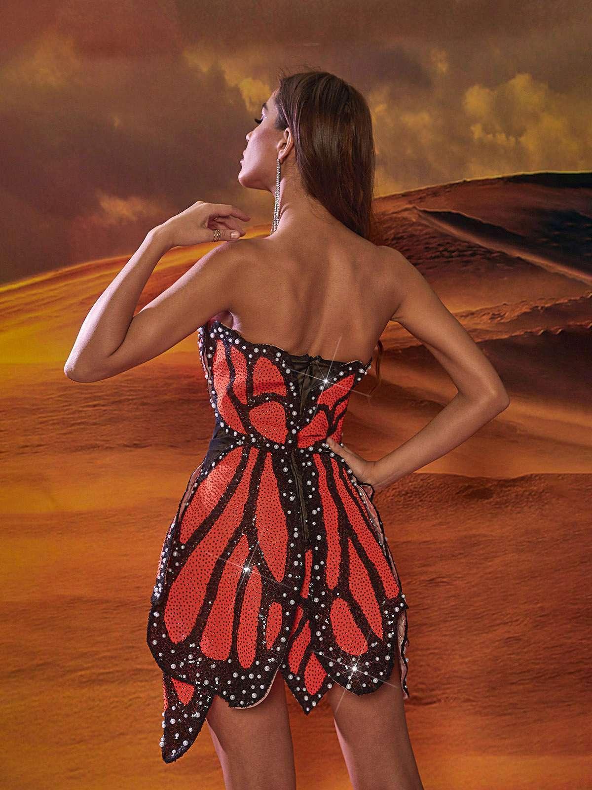 Strapless Sweetheart Butterfly Wing Bead Trim Glitter Mini Dress 6