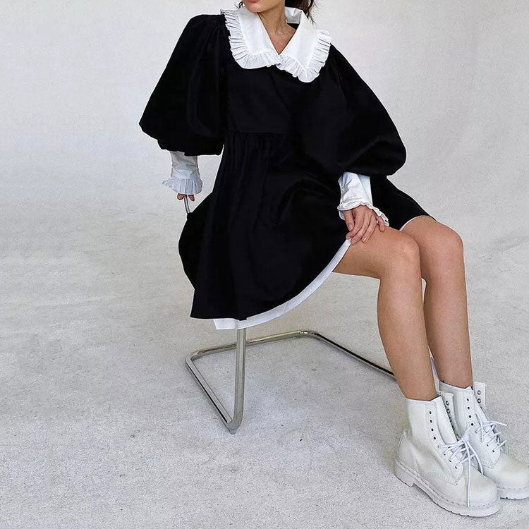 Peter Pan Collar Puff Sleeve Ruffle Cuff Velvet Babydoll Mini Dress 3