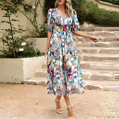Abstract Floral Print Puff Sleeve Smocked Waist A-Line Midi Dress 8