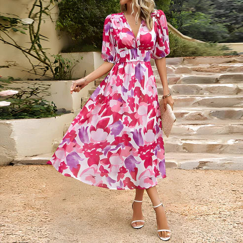 Abstract Floral Print Puff Sleeve Smocked Waist A-Line Midi Dress 7