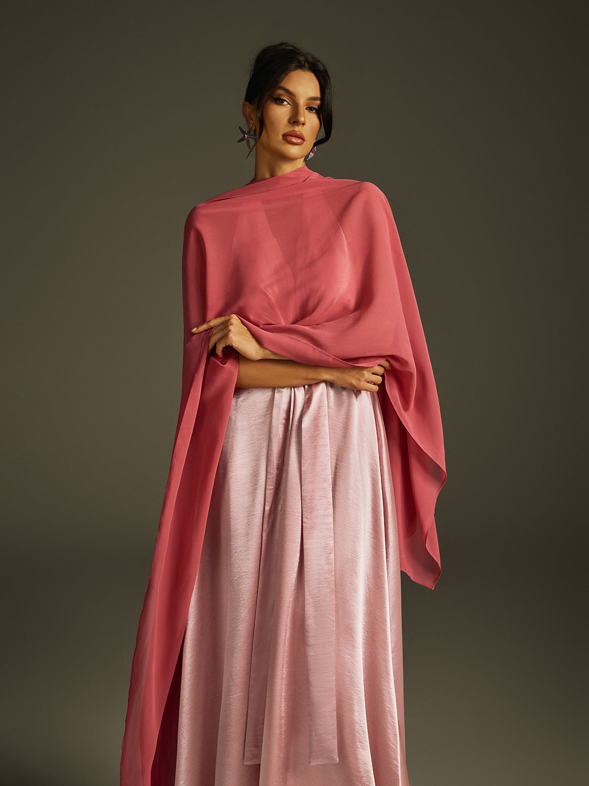 Sweetheart Neck Satin Box Pleat A Line Cape Shawl Overlay Backless Gown 4