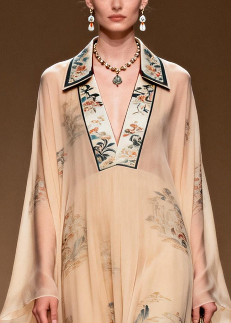 Deep V-Neck Lace Trim Collar Landscape Print Billowy Sleeve Maxi Kaftan Dress 2