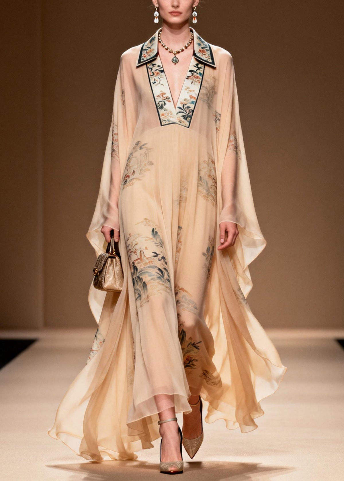 Deep V-Neck Lace Trim Collar Landscape Print Billowy Sleeve Maxi Kaftan Dress 3