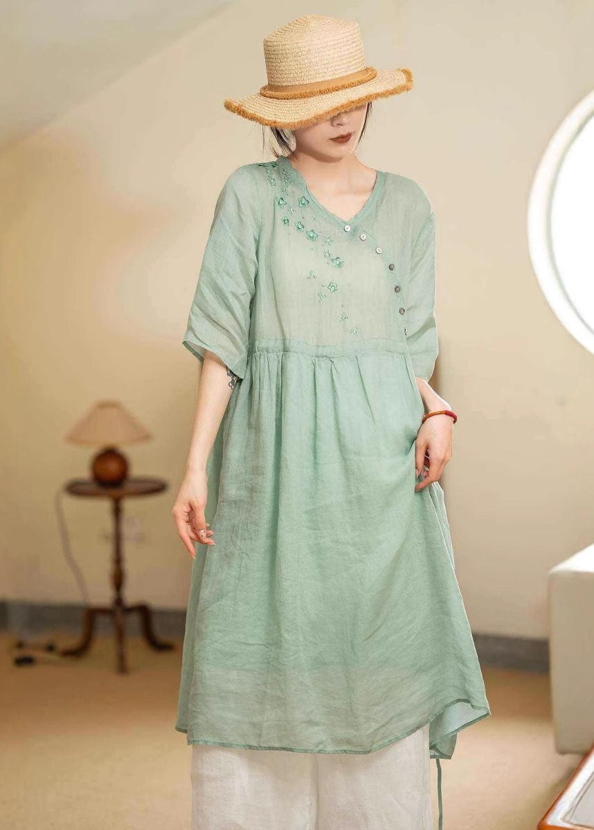 Diagonal Button Floral Embroidery Empire Waist Linen Midi Dress