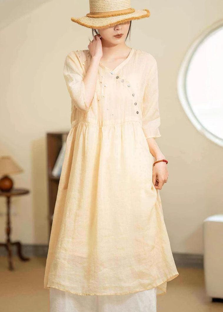 Diagonal Button Floral Embroidery Empire Waist Linen Midi Dress 2