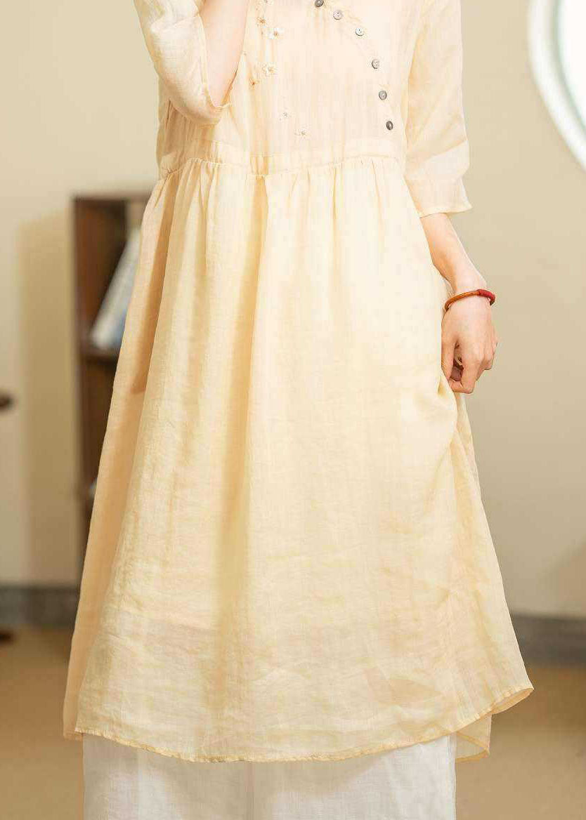 Diagonal Button Floral Embroidery Empire Waist Linen Midi Dress 4