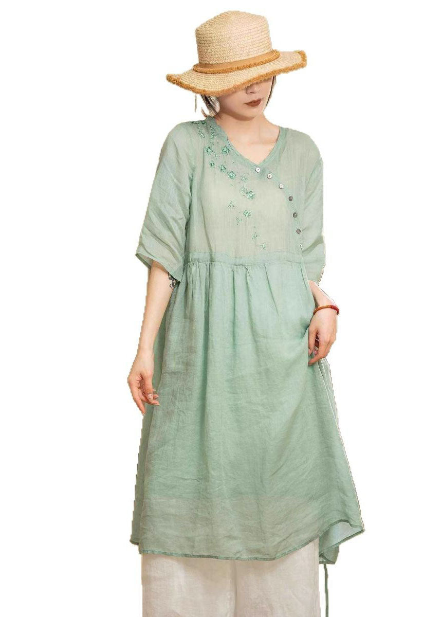 Diagonal Button Floral Embroidery Empire Waist Linen Midi Dress 5