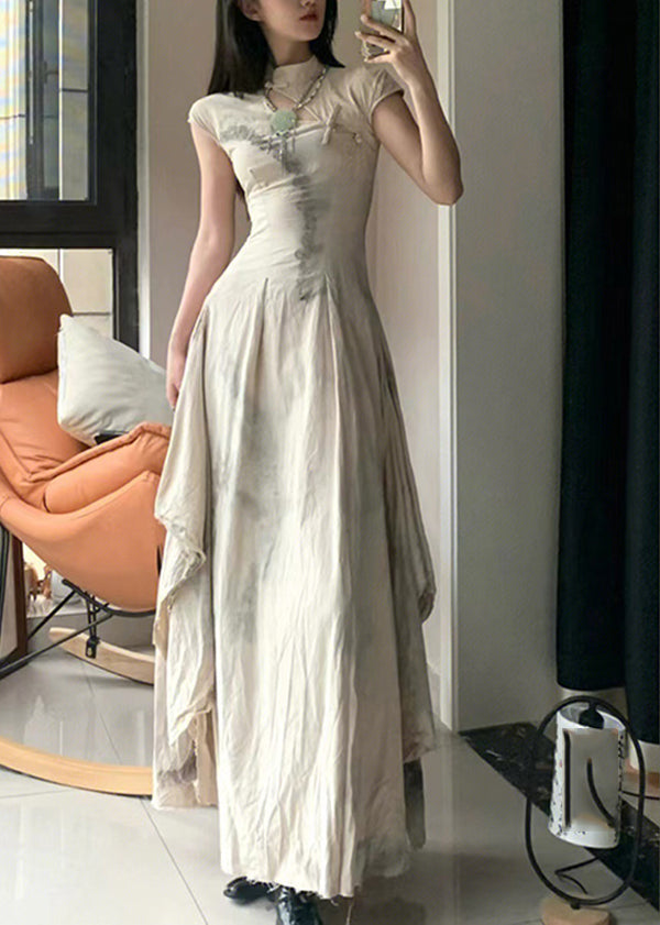 Mandarin Collar Short Sleeve Ink Wash Print Pleated Cheongsam Maxi Dress