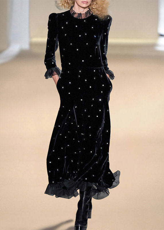 Round Neck Rhinestone Studded Long Sleeve Ruffle Collar Cuff Velvet Maxi Dress