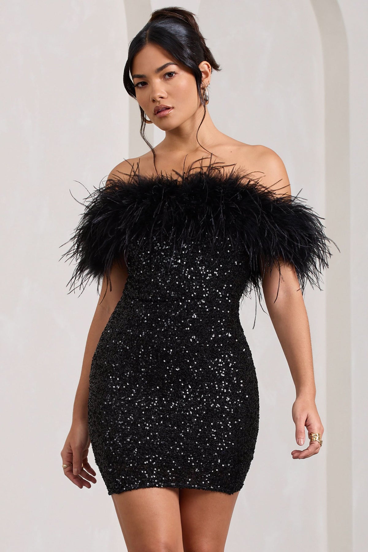 Off Shoulder Feather Trim Sequin Bodycon Mini Dress 2