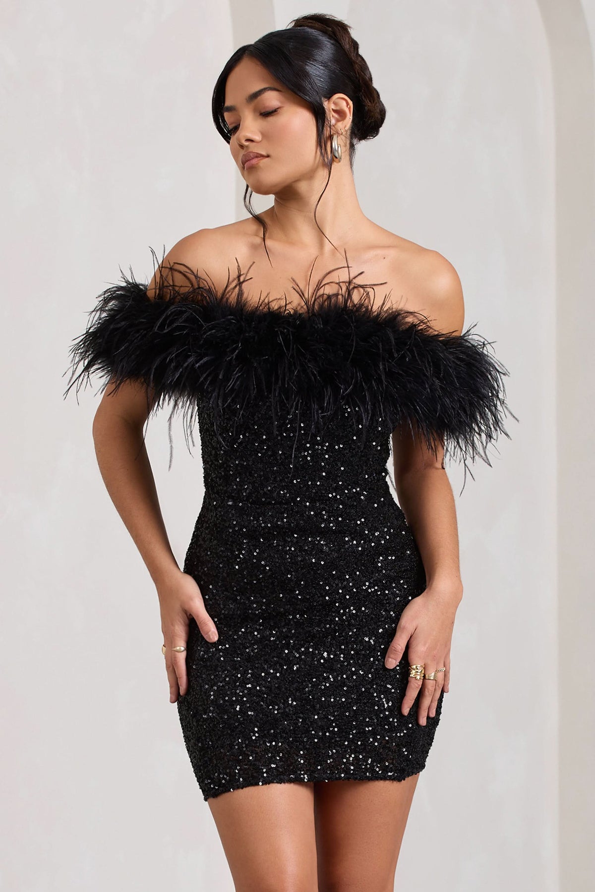 Off Shoulder Feather Trim Sequin Bodycon Mini Dress 5