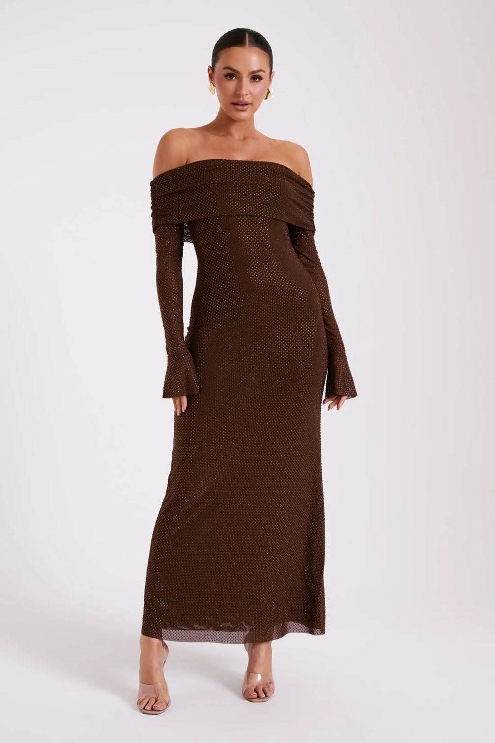Off-Shoulder Fold-Over Bardot Bell Sleeve Shimmer Bodycon Maxi Dress