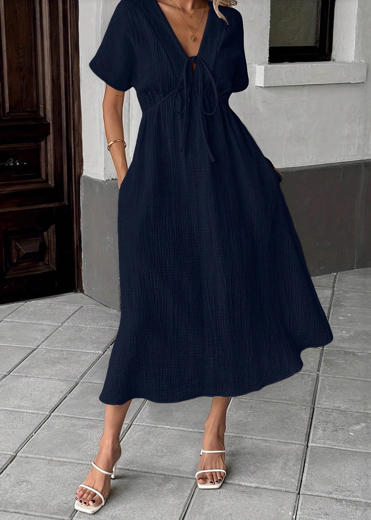 V-Neck Tie Front Empire Waist Crinkle Gauze Midi Dress 4