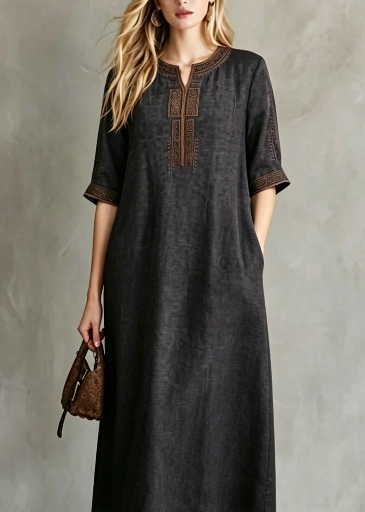 Split Neck Embroidered Placket Short Sleeve Pocket Midi Dress 2