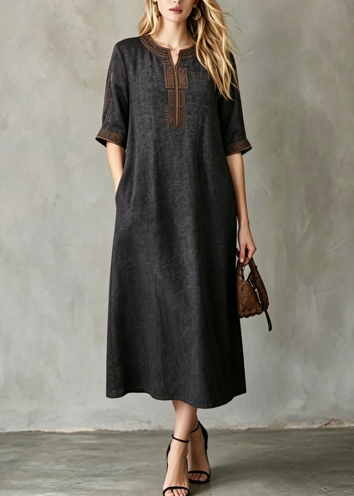 Split Neck Embroidered Placket Short Sleeve Pocket Midi Dress 3