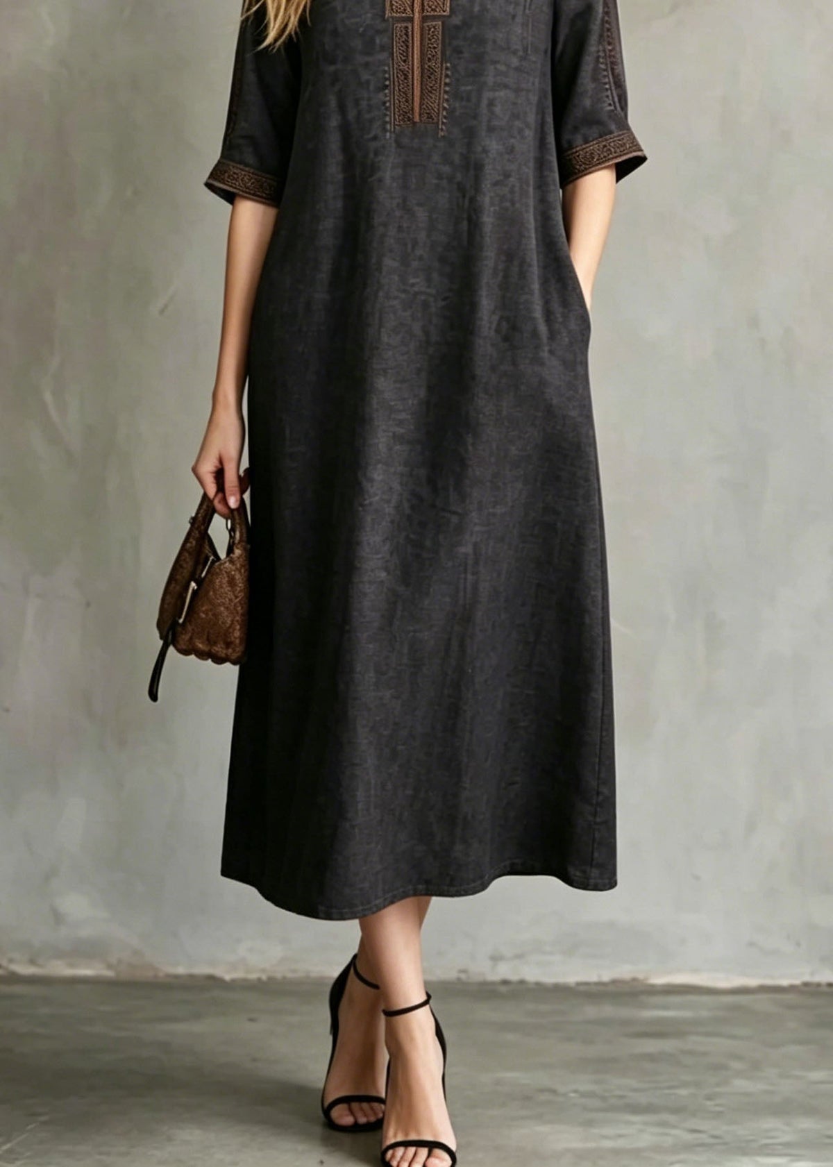 Split Neck Embroidered Placket Short Sleeve Pocket Midi Dress 4