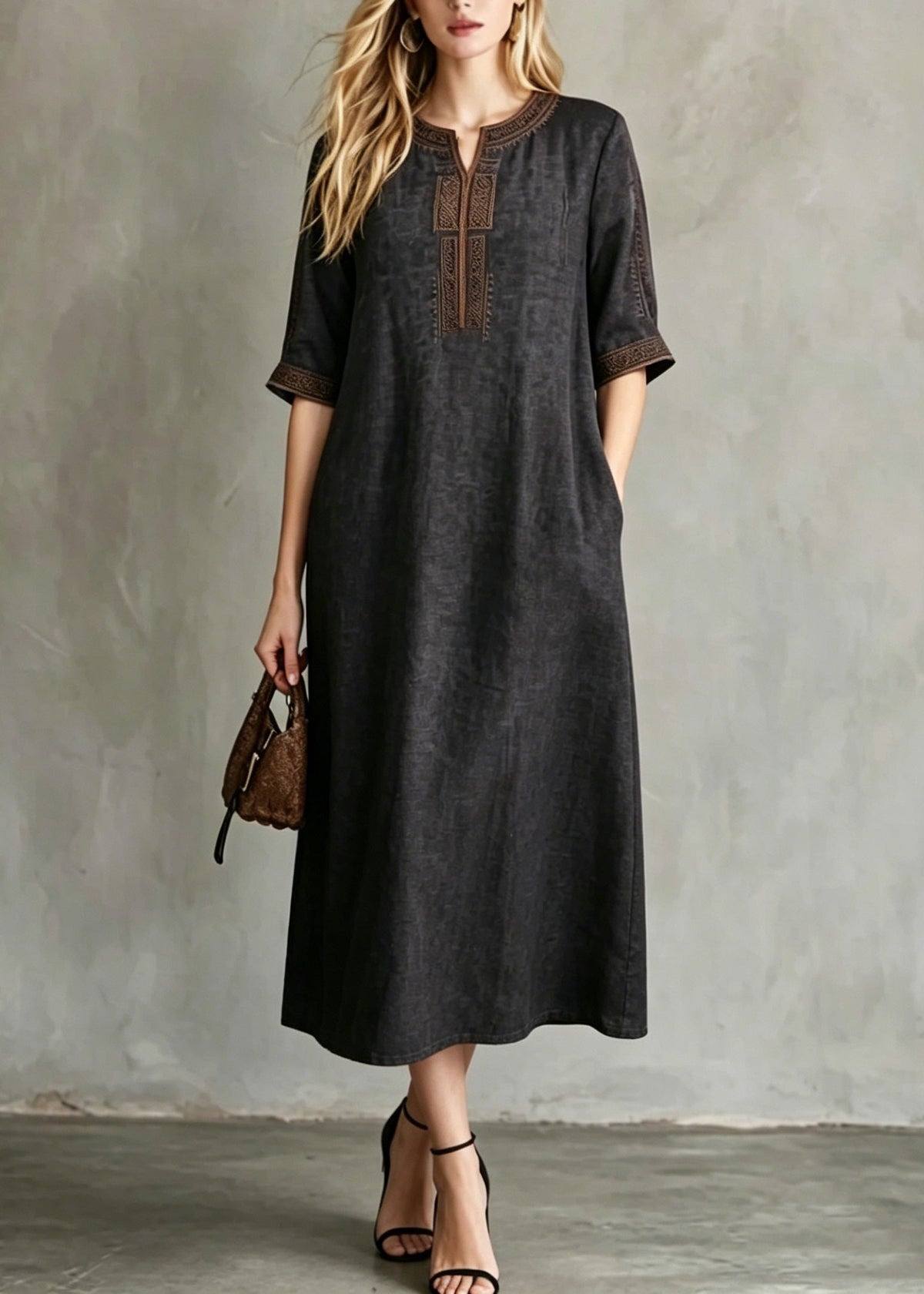 Split Neck Embroidered Placket Short Sleeve Pocket Midi Dress 5