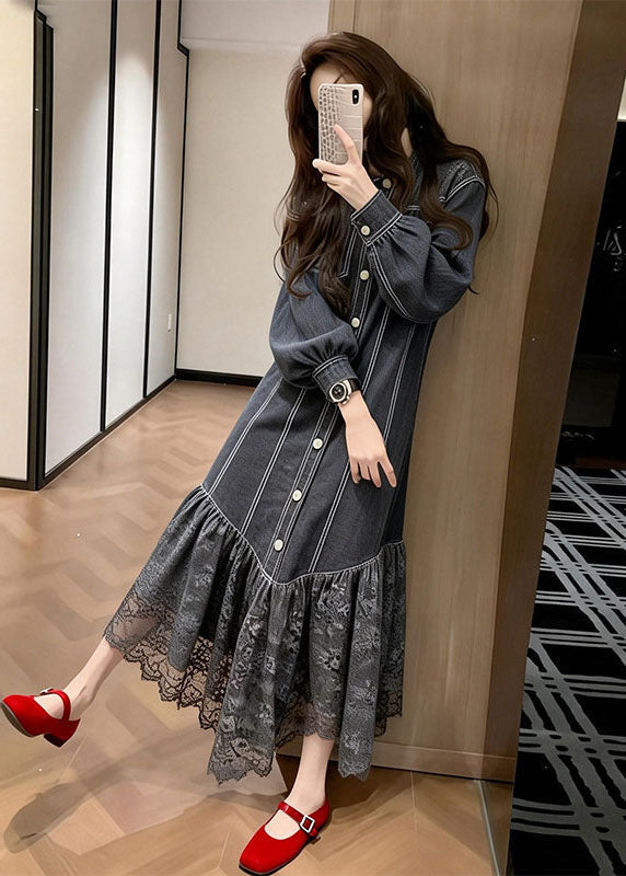 Pinstripe Button Front Puff Sleeve Lace Tier Hem Midi Dress
