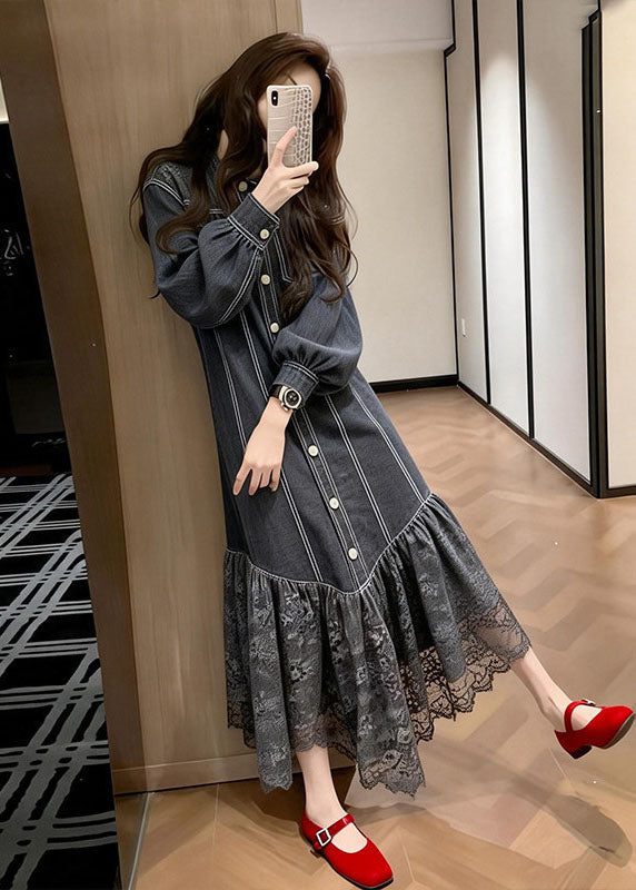 Pinstripe Button Front Puff Sleeve Lace Tier Hem Midi Dress 3