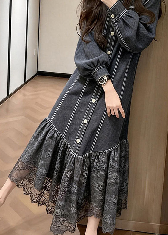 Pinstripe Button Front Puff Sleeve Lace Tier Hem Midi Dress 4